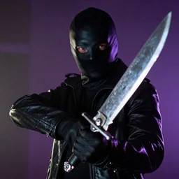 insane masked assailant wielding a shiny bladed weapon, film still from a horror movie, vibrant lighting, 4k