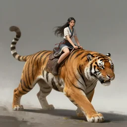 fantasy female riding a huge tiger, fullbody view, wide angle view, highly detailed, qichao wang, artgerm, cushart krenz, zeronis, trending on artstation, soft light, sharp edges, illustration, character design, concept art