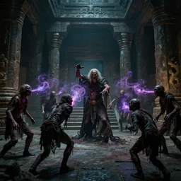 vfx film, soul reaver executing zombies, devouring magic souls, in epic ancient sacred cave temple, flat color profile low - key lighting award winning photography arri alexa cinematography, hyper real photorealistic cinematic beautiful, atmospheric cool colorgrade