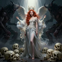 photo of a gorgeous young asian redhead girl Jamie Chung , full body, high fashion model, searching for eternity, skulls around, cloud goddess, duality, far away dreamy atmosphere, rays of light, deep shadows, demons in the style of stefan kostic, hyper realistic, sharp focus, 8k high definition, high fashion, vogue, insanely detailed, intricate, elegant, art by stanley lau and artgerm, brom