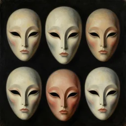 portrait painting of beautiful tribal alien masks, by norman rockwell. muted colors, soft gradients. baroque period, renaissance masterpiece. black background. trending on artstation. retrofuturism.