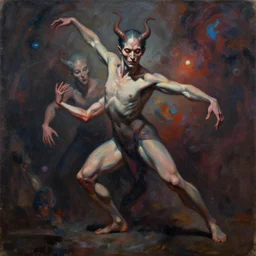 a clothed demonic dancer attempts to recreate the birth of the universe through pure movement, expressionistic masterpiece painting, beautiful brush strokes, advanced lighting technology, realistic faces and anatomy yet stylized