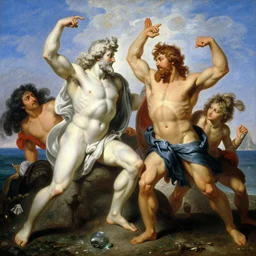 muscular god neptune and muscular poseidon frolicking on the shore, painting by gaston bussiere, craig mullins, j. c. leyendecker,