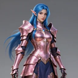 a beautiful and highly detailed digital illustration of a female elven paladin with blue hair in rose gold armor, a digital painting by magali villeneuve, cgsociety, fantasy art, cryengine, concept art, photorealism, daz 3 d, sketchfab, zbrush, vray