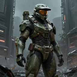 brutalist character portrait of a bulky female warrior in halo spartan armor in a desolate cyberpunk wasteland city, 8 k, realistic shading, concept art, digital painting, illustration, matte painting, moody lighting, sharp focus, minimal artifacts, wet, heavy rain, rainstorm, john singer sargent, william - adolphe bouguereau