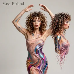 Vass Roland cover art body art arms up armpit hand holistic religious behind head pose future bass girl unwrapped dress smooth body unfolds statue bust curls of hair petite lush front and side view body photography model full body curly jellyfish lips art contrast vibrant futuristic fabric skin jellyfish material metal veins style of Jonathan Zawada, Thisset colours simple background objective