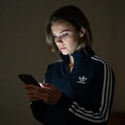 portrait of attractive slav heroine wearing an addidas tracksuit with a phone in hand. illuminated phone screen, by greg rutkowski and wlop, detailed, cinematic, 8 k, intricate, rule of thirds.