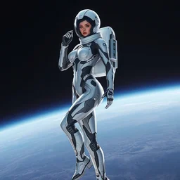 beautiful hourglass feminine cyborg in full body skin space suit, helmet, steel boots, concept art by artgerm, joshua rife, photoshoot, intricate, highlydetailed, space background, artstation 4 k raytracing, shadows, highlights, illumination