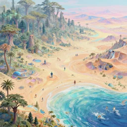 highly detailed holographic iridescent sci fi world with forests deserts and oceans, by gilbert williams, by simon stalenhag, by beeple, by bruce pennington, by james jean, by moebius, featured in juxtapoz, mixed media, dynamic composition, octane render, with many different pastel shades of blue pink orange yellow green, beautiful lighting