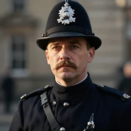 portrait of a victorian police officer, highly detailed, cinematic lighting, close up, volumetric, realistic, photograph by elliott & fry
