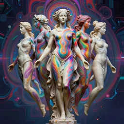 full body statue of Emma Watson by Jean-Baptiste Carpeaux and Luo Li Rong and Michael James Talbot as celestial goddess, all body, floating in space. perfect symmetrical face, colorful, psychedelic psychedelic psychedelic colors, fresh rainbow bodypainting, synthwave, in full growth, elegant, realistic, 8K, female full-skin figure, hyperrealism, subsurface scattering, raytracing, rim light, Octane Render, Redshift, Zbrush, H R Giger, Zdzisław Beksiński, complex psychedelic glitch background