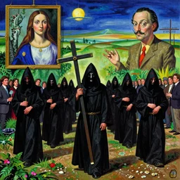 A Holy Week procession of grim reapers in a lush Spanish landscape at night. A hooded figure at the front holds a cross. El Greco, Remedios Varo, Salvador Dalí, Zdzisław Beksiński,Carl Gustav Carus, Edward Hopper. Technicolor. Colourful. Vibrant colors