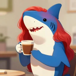 female anthropomorphic blue shark with red hair holding a cup of coffee, digital art