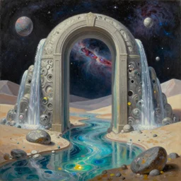 closeup of portal to another world, water gate in space, nebula, iridescent shimmering pools, oasis in the desert, floating stones, cascading iridescent waterfalls, dimension of infinite space, by Zdzislaw Beksinski, Tomas Sanchez, greg rutkowski, wlop, artgerm, andrei riabovitchev, nuri iyem, james gurney, james jean, highly detailed, soft lighting, 8k resolution, oil on canvas