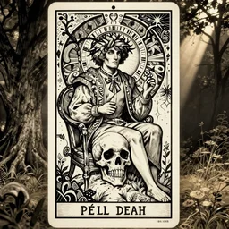 ink illustration of a Victorian death, tarot card, intricate details, in style of Alphonse Mucha