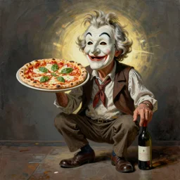 wrinkled! old man wearing pulcinella mask, with a pizza! margherita di napoli, with a bottle of wine, drunk appearance, lowbrow, artistic, dramatic backlight, full body, wide angle, ultrafine detailed caricarture painting by david levine, trending on deviantart, masterpiece