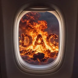 inside airplane window view, the end of the word, huge fire, matte painting, very detailed, trending on artstation