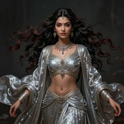 Portrait painting of a beautiful indian princess, stunning 3d render inspired art by P. Craig Russell and Barry Windsor-Smith + perfect facial symmetry + dim volumetric lighting, vibrant dark wavy hair, ornate flowing silvered robes, dizzy, full body, 8k octane beautifully detailed render, post-processing, extremely hyperdetailed, intricate, epic composition, grim yet sparkling atmosphere, cinematic lighting + masterpiece, trending on artstation, very very detailed