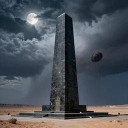 a long shot national geographic color photograph by daniel kordan depicting a towering tall shining memorial to the dead made of black marble in an arid desert with roiling storm clouds raining acid rain. the moon is visible in the night sky being hit by an asteroid