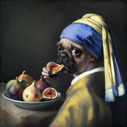 a lost vermeer painting of a pug eating a fig from a dish full of fruits