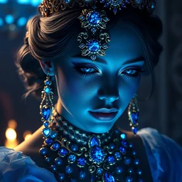 photo of princess of sapphire, sad, glowing, ornate and intricate blue jewelry, jaw dropping beauty, glowing background lighting, blue accent lighting, hyper detailed, 4 k octane render