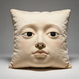 a weird cushion with an unsettling human face growing on it, museum exhibit photograph