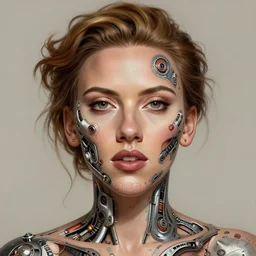 symmetry!! scarlett johansson, machine parts embedded into face, intricate, elegant, highly detailed, digital painting, artstation, concept art, smooth, sharp focus, illustration, art by artgerm and greg rutkowski and alphonse mucha, 8 k