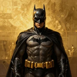 Batman, atmospheric lighting, painted, golden ratio, golden hour, intricate, highly detailed by Rembrandt