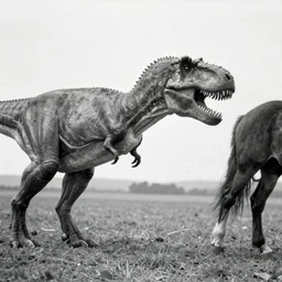 [ [ [ [ [ t rex ] ] ] ] ] and a horse with leg, walk, [ [ soft ] ], [ [ strange ] ], black and white, photograph, 1 8 5 0 s