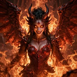 stunning female demon surrounded in fire, korean, buddhist, naraka otherworldly rising from the fire, crystal amber eyes, wings, very detailed face, smile, monster teeth covered in red, dark and mysterious, full body, rococo, cinematic, epic, 4 k very detailed, trending in artstation