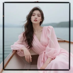cinestill 5 0 d wide angle portrait of a dreamy beautiful woman on little boat by roversi like lady of shalott by waterhouse 3 5 mm lens, 8 k, elegant, highly detailed, pale pink matt, soft blur, artstation, sharp focus, head in focus