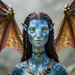 a stunning ultra detailed fantasy fine art portrait photo of a na'vi from avatar movie with dragon wings and arms, by tom bagshaw, artgerm and natalie shau, dragon scales and skin, golden ratio composition, 2 4 m lens, deep depth of field, perfect eyes and face, soft lighting, artstation, 8 k