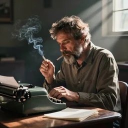 middle-aged writer with a beard sitting at his desk writing on a typewriter and smoking a cigarette, digital art, dramatic lighting