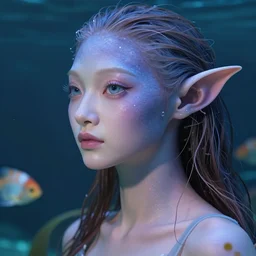 a beautiful aquatic humanoid, gorgeous person with gills on their neck and fin - like ears, large eyed glamor woman