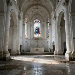 abandoned white marble church, wet dirty floor, dusty place, cobwebs, sunlight through stained glasses, hyperdetailed, artstation, cgsociety, 8 k