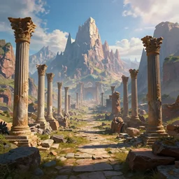 epic intrincated fantasy landscape, vibrant color scheme, atmospheric perspective, large destroyed colums, pointy risks mountains
