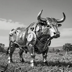 a clockwork mechanical bull, duotone, ultra high detail
