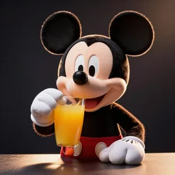 mickey mouse as a muppet in sesame street drinking a glass of orange juice, dlsr photo, studio lighting, sigma lens, rim light, fur