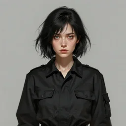 Portrait of a woman by Greg Rutkowski, she is about 30 years old, pretty, messy black bob hair, pale round face, tired green eyes and she is wearing a black utilitarian jumper jumpsuit, highly detailed portrait, digital painting, artstation, concept art, smooth, sharp foccus ilustration, Artstation HQ.