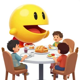color photo still of pac - man and ms pac - man and family at the breakfast table