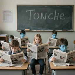 a very boring day in school, kids wearing identical clothes reading newspapers, painting by quint buchholz and ray caesar, muted colors, gray, dull, boring, low energy, pale blue faces, very detailed