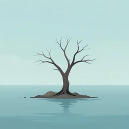 a singled barren dead tree on a tiny island surrounded by a peaceful calm ocean, minimalist digital art, stylized illustration