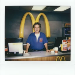 cosmo kramer working the front counter of mcdonald's ready to take your order, eighties polaroid, flash photography, photorealistic, kodachrome