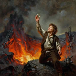 frodo tossing the one ring into mt doom. a 2 4. artgerm. high detail scene. beksinski. epic ultrarealism. dramatic lighting. oil on canvas. cinematic wide angle lens
