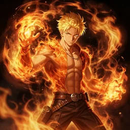 character art by ilya kuvshinov, young man, blonde hair, on fire, fire powers