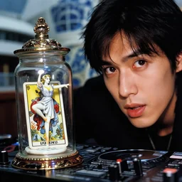 cinestill 5 0 d, 8 k ; esoteric ultra realistic major arcana in kagemusha ( 1 9 9 0 ) film still club dj mixing scene in frontiers in porcelain photography fashion magazine june seinen manga closeup portrait edition, hyperrealistic real - life burning tarot card porcelain occult figurine in victorian glass jar, pointe pose, eye contact, tilt shift wide shot zaha hadid background