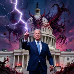 Joe Biden in front of the U.S Capitol shooting lightning bolts from his fingertips, evil, chaos, ornate, horror, detailed, bloodborne, colorful