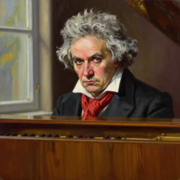 beethoven behind an oak piano before a window, hyperrealistic, detailed face, dark background, warm colors, colorful, oil painting, 8 k