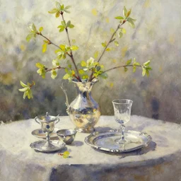 abstract watercolor painting of first spring day, early leaves, silverware and glass, cinematic light, national romanticism by anders zorn