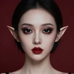 a creepy portrait, dark red background, beautiful horror girl, short neck, professionally retouched, soft lighting, realistic, smooth face, black alien eyes, pointed elf ears, blood red lips, wide angle, sharp focus on the eyes, 8 k high definition, insanely detailed, intricate, elegant, beautiful, art by artgerm and wlop
